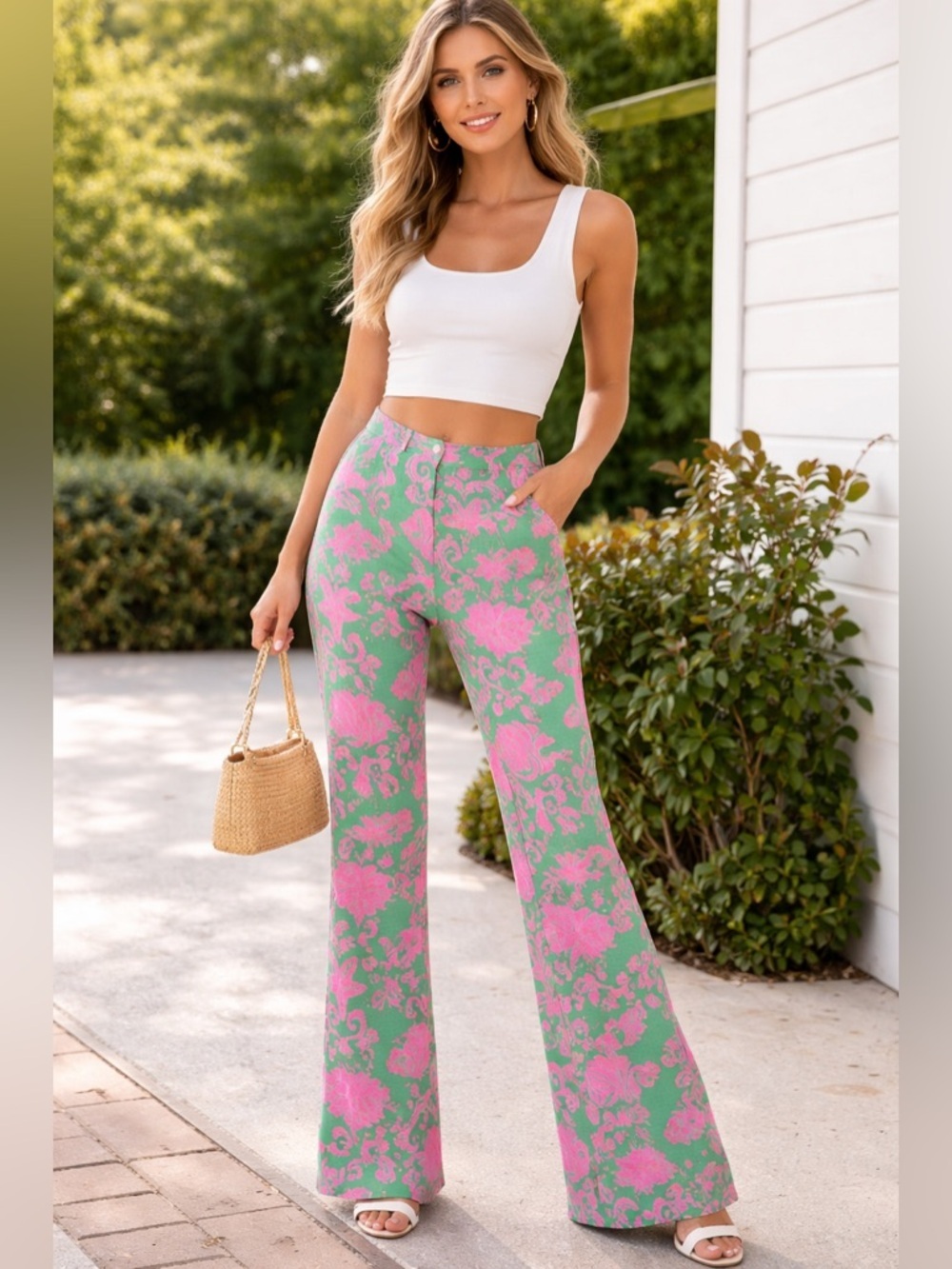 Lilly Pulitzer Pink Floral Boot-Cut Pants on Green